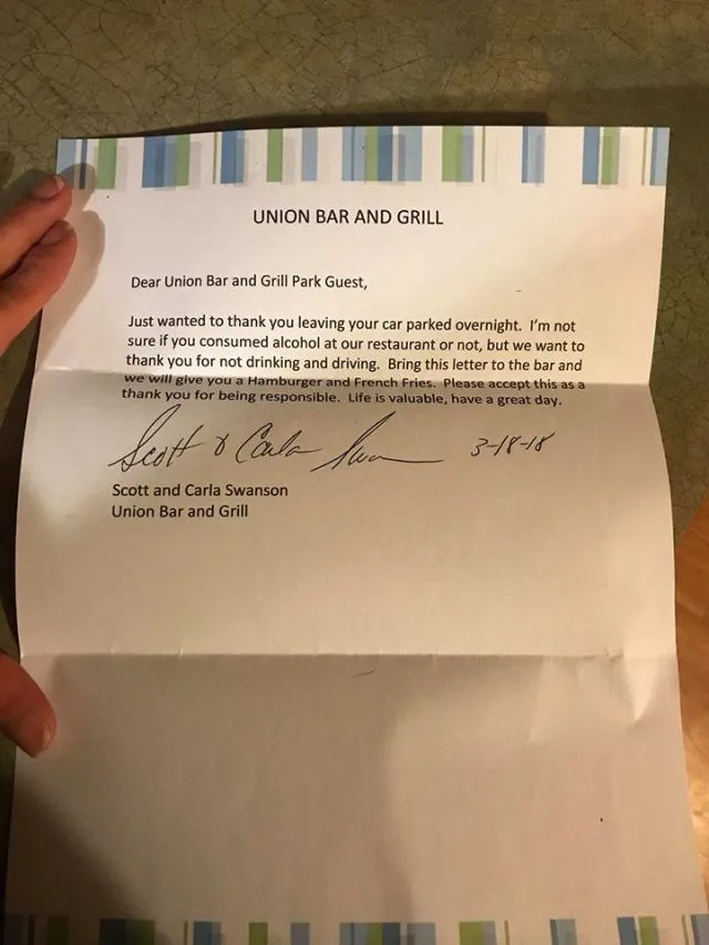Man Leaves Truck At Union Bar and Grill Overnight, Wife Finds Note